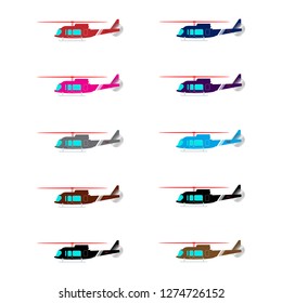 Helicopter set isolated multicolor on white background vector illustration Air transport flying modern Military and civil helicopter
