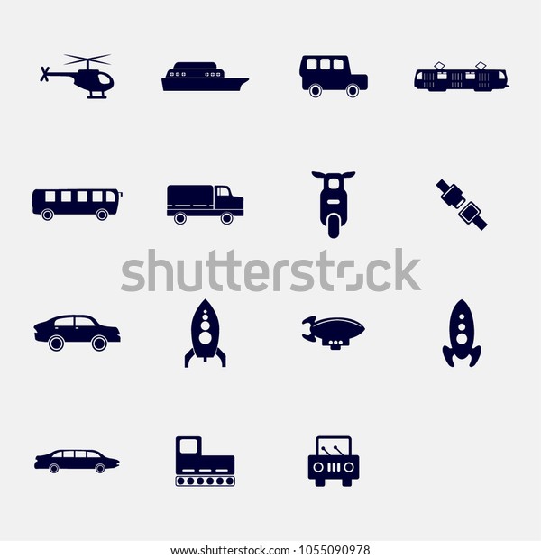 helicopter,\
shop, off road, truck, tram, bus, bike, moped, safe belt, car,\
rocket, tractor, simple car vectors icons\
set