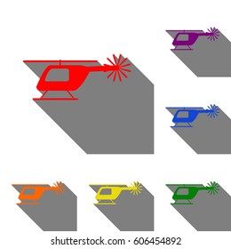 Helicopter sign illustration. Set of red, orange, yellow, green, blue and violet icons at white background with flat shadow.