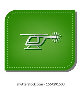 Helicopter sign illustration. Silver gradient line icon with dark green shadow at ecological patched green leaf. Illustration.