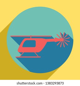 Helicopter sign illustration. Sunset orange icon with llapis lazuli shadow inside medium aquamarine circle with different goldenrod shadow at royal yellow background.