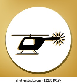 Helicopter sign illustration. Vector. Black icon with light brown shadow in white circle with shaped ring at golden background.