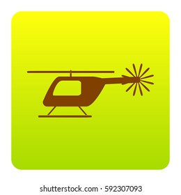 Helicopter sign illustration. Vector. Brown icon at green-yellow gradient square with rounded corners on white background. Isolated.