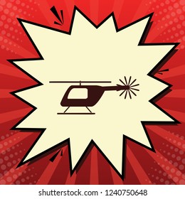 Helicopter sign illustration. Vector. Dark red icon in lemon chiffon shutter bubble at red popart background with rays.