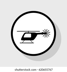 Helicopter sign illustration. Vector. Flat black icon in white circle with shadow at gray background.