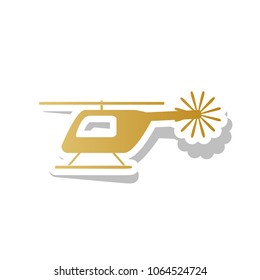 Helicopter sign illustration. Vector. Golden gradient icon with white contour and rotated gray shadow at white background.