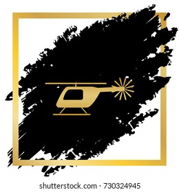Helicopter sign illustration. Vector. Golden icon at black spot inside golden frame on white background.