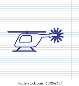 Helicopter sign illustration. Vector. Navy line icon on notebook paper as background with red line for field.