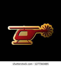 Helicopter sign illustration. Vector. Red icon with small black and limitless shadows at golden sticker on black background.