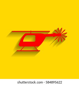 Helicopter sign illustration. Vector. Red icon with soft shadow on golden background.