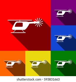 Helicopter sign illustration. Vector. Set of icons with flat shadows at red, orange, yellow, green, blue and violet background.
