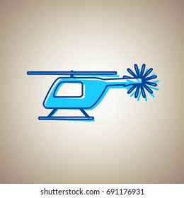 Helicopter sign illustration. Vector. Sky blue icon with defected blue contour on beige background.