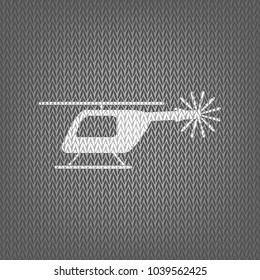 Helicopter sign illustration. Vector. White knitted icon on gray knitted background. Isolated.