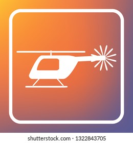 Helicopter sign illustration. Vector. White icon on transparent button at orange-violet gradient background.