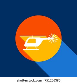 Helicopter sign illustration. Vector. White icon on tangelo circle with infinite shadow of light at cool black background. Selective yellow and bright navy blue are produced.
