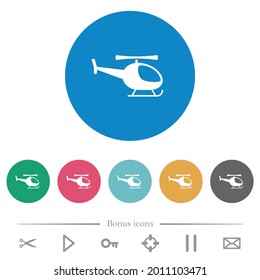 Helicopter silhouette flat white icons on round color backgrounds. 6 bonus icons included.