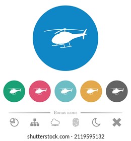 Helicopter silhouette flat white icons on round color backgrounds. 6 bonus icons included.