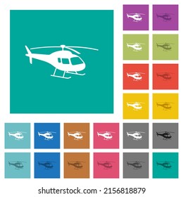 Helicopter silhouette multi colored flat icons on plain square backgrounds. Included white and darker icon variations for hover or active effects.