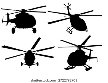 Helicopter silhouettes in black minimal vector style for aviation and military themes, perfect for infographics, icons, motion graphics, presentations, and commercial design use.