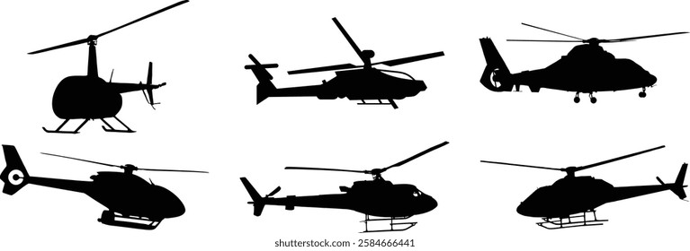 Helicopter silhouettes, black and white, military aircraft, side view, various models, aviation design, clean vector graphics, minimalist illustration, helicopter lineup, rotorcraft collection