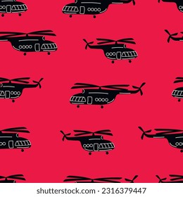 Helicopter silhouettes seamless repeat pattern.Flying objects in black with white line on crimson color background.Texture for printing on fabric and paper.Endless wallpaper.Vector flat illustration.