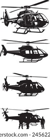 juego de siluetas de helicóptero. juego de Vector de siluetas de vehículos de guerra de helicópteros