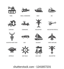 Helicopter, Submarine, Tank, Small submarine, Army airplane, Sailboat, Car, Golf cart icon 16 set EPS 10 vector format. Icons optimized for both large and small resolutions.