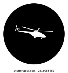 A helicopter symbol in the center. Isolated white symbol in black circle. Vector illustration on white background