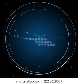 The helicopter symbol filled with white dots. Pointillism style. Some dots is red. Vector illustration on blue background with stars