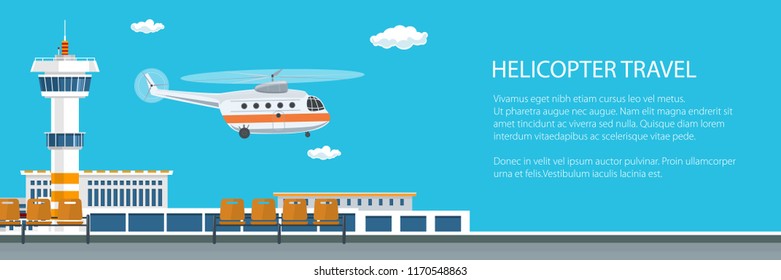 Helicopter Takes Off from the Airport Banner , Control Tower and Helicopter , Travel and Tourism Concept , Air Transportations, Vector Illustration