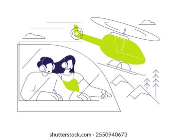 Ilustración vectorial de concepto abstracto de recorrido en helicóptero. Pareja joven disfrutando de excursiones en helicóptero juntos, transporte aéreo, transporte aéreo comercial, feliz metáfora abstracta de vacaciones.