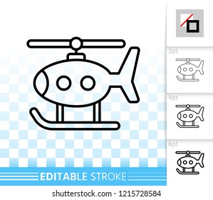 Helicopter Toy thin line icon. Outline sign of copter. Plaything linear pictogram with different stroke width. Simple vector symbol, transparent background. Kigs game editable stroke icon without fill