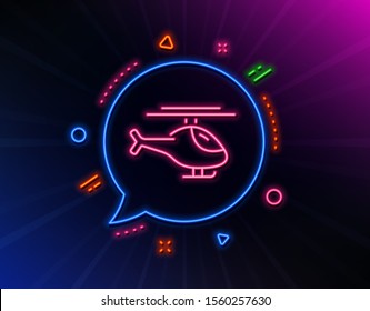 Helicopter transport line icon. Neon laser lights. Flight transportation sign. Glow laser speech bubble. Neon lights chat bubble. Banner badge with helicopter icon. Vector