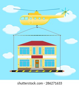 the helicopter transports, a house in the sky, vector image