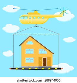 the helicopter transports, a house in the sky, vector image