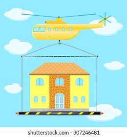 the helicopter transports, a house in the sky, vector image