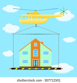 the helicopter transports, a house in the sky, vector image