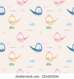 Helicopter tree color cartoon so cute.on cloud sun background.pattern seamless vector and illustration.