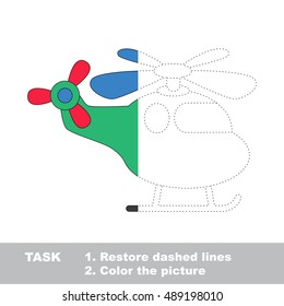 Helicopter in vector to be traced. Restore dashed line and color the picture. The tracing game for preschool children with easy game level.