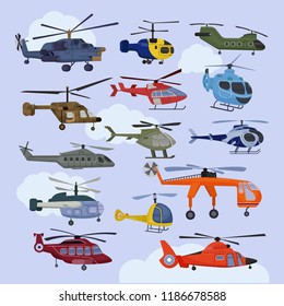 Helicopter vector copter aircraft jet or rotor plane and chopper flight transportation in sky illustration aviation set of aeroplane and airfreighter cargo with propeller isolated on background