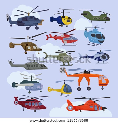 Helicopter vector copter aircraft jet or rotor plane and chopper flight transportation in sky illustration aviation set of aeroplane and airfreighter cargo with propeller isolated on background