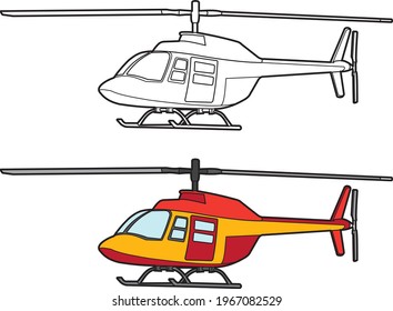 Helicopter vector drawing transportation learning education cartoon drawing, line art and colored.