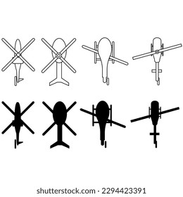 Juego de iconos de vector de helicóptero. colección de signos de ilustración de avión. símbolo de la mosca. logotipo de la aerolínea aislado de fondo blanco.