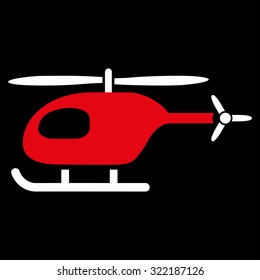 Helicopter vector icon. Style is bicolor flat symbol, red and white colors, rounded angles, black background.