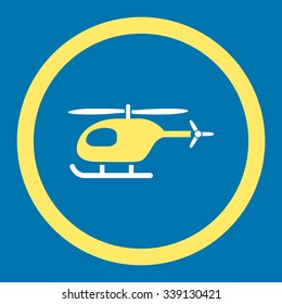 Helicopter vector icon. Style is bicolor flat rounded symbol, yellow and white colors, rounded angles, blue background.
