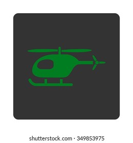 Helicopter vector icon. Style is flat rounded square button, green and gray colors, white background.