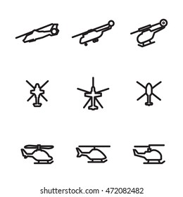 Helicopter vector icons. Simple illustration set of 9 helicopter elements, editable icons, can be used in logo, UI and web design