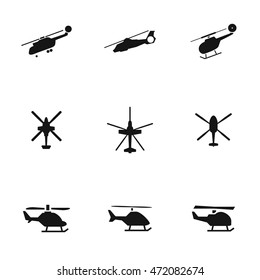 Helicopter vector icons. Simple illustration set of 9 helicopter elements, editable icons, can be used in logo, UI and web design
