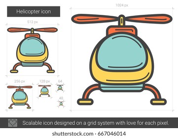 Icono de línea vectorial de helicóptero aislado en fondo blanco. Icono de línea de helicóptero para infografía, sitio web o aplicación. Icono escalable diseñado en un sistema de cuadrícula.