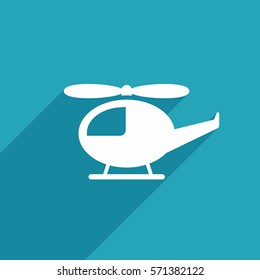Helicopter vector. White flat icon on blue background.
